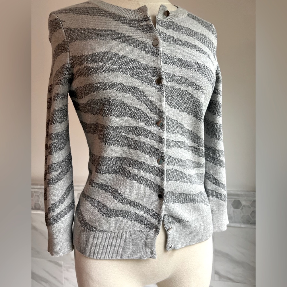 Banana Republic Animal Print Gray and Silver Lurex Cardigan Sz S